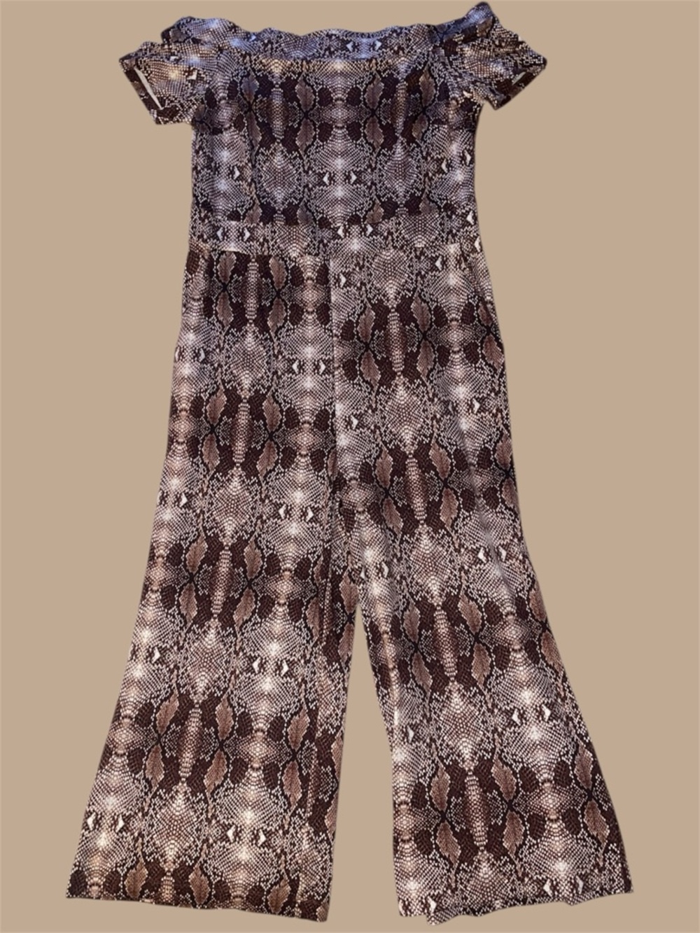 New York & Company‎ Brown and Tan Off Shoulder Animal Print Jumpsuit